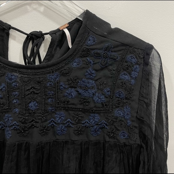 Free People Retro Femme Blouse Embroidered Beaded Black XS Sheer - Picture 8 of 14